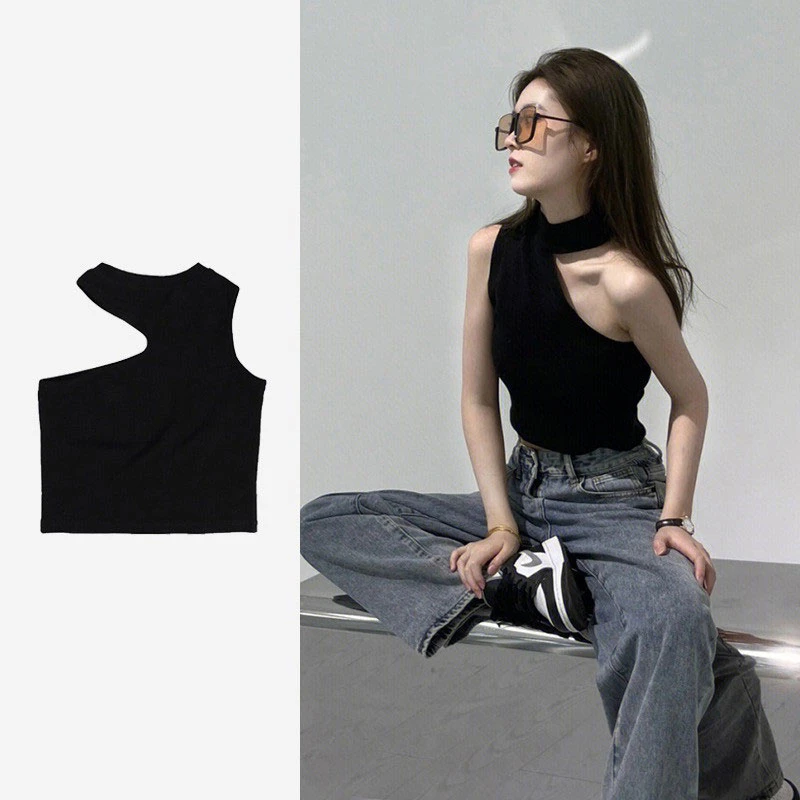 美式bm风黑色露肩针织小吊带背心女夏季辣妹性感外穿无袖短款上衣
