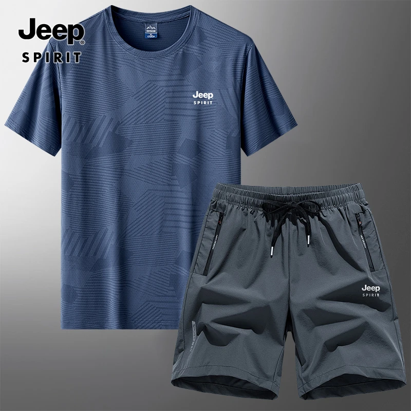 JEEP SPIRIT新款运动套装T恤男夏季薄款男士冰丝跑步短裤两件套