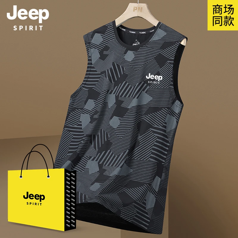 JEEPSPIRIT吉普运动男士针织夏季薄款宽松印花男无袖透气圆领背心