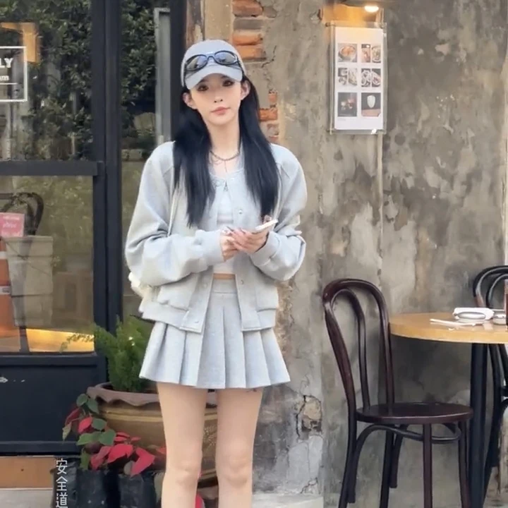 卫衣套装裙 2024年新款美式宽松气质休闲时尚卫衣+高腰百褶裙套装