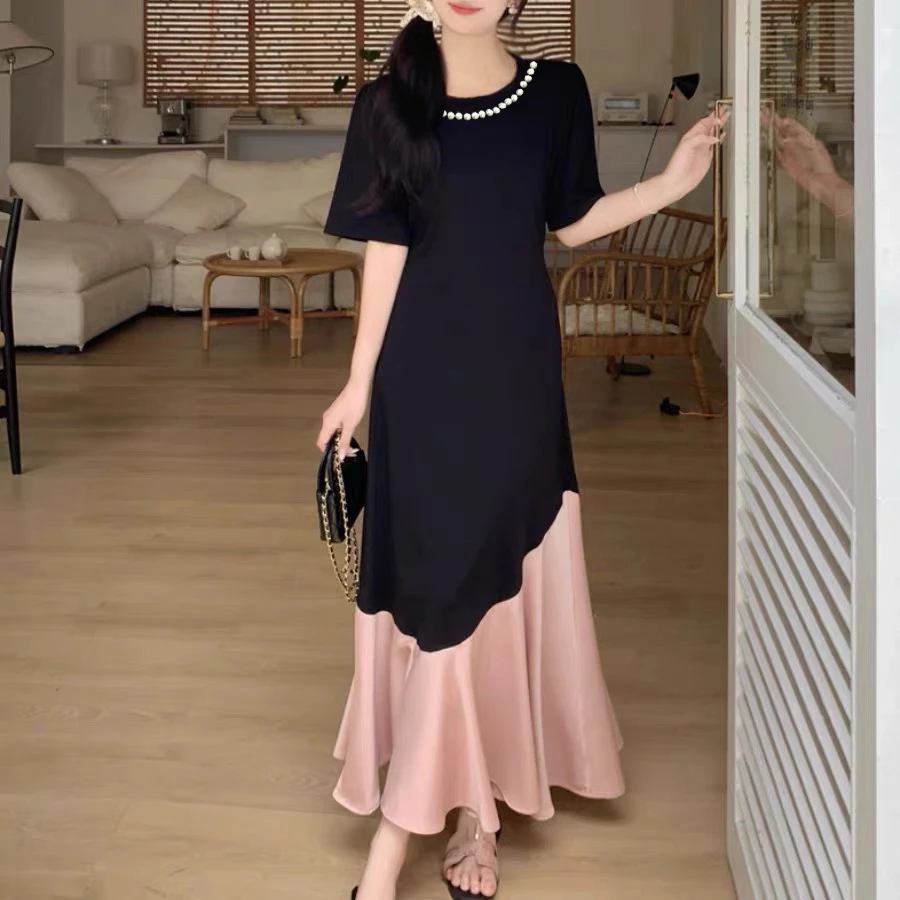 【掌上明珠】大码胖mm重工珍珠钉珠拼接粉色缎面短袖连衣裙长款