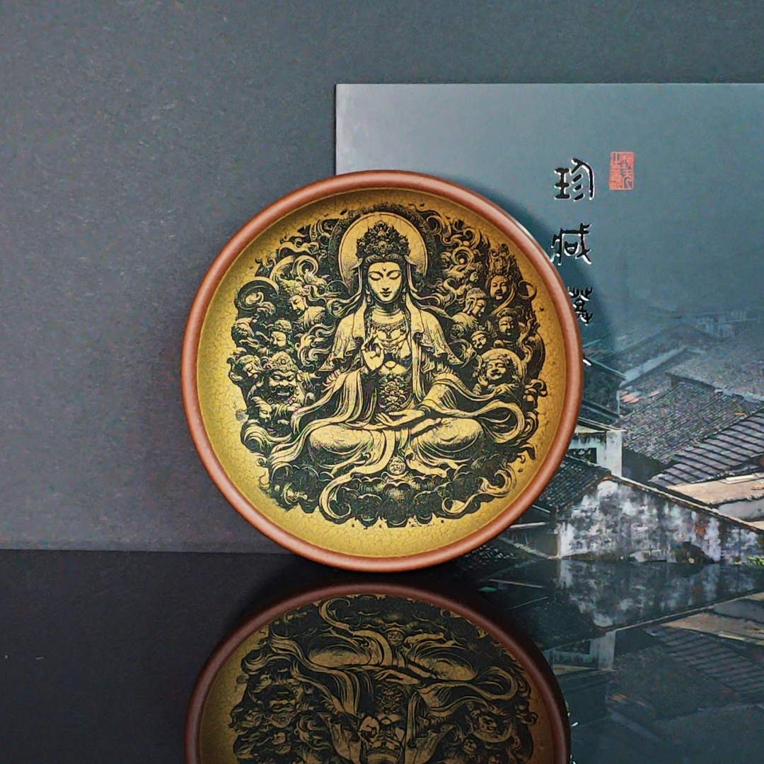 宜兴紫砂普洱杯纯手刻绘粉浆菩萨防烫加厚主人杯高颜值紫砂杯90cc