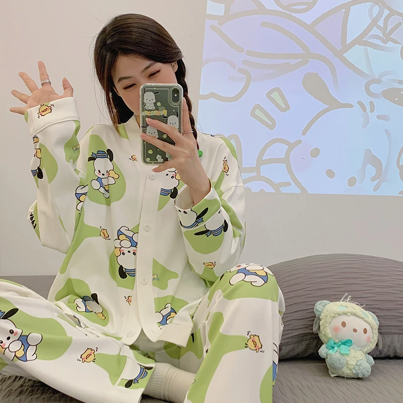 可外穿春秋季长袖针织棉睡衣女士两件套装学生韩版大码可爱家居服