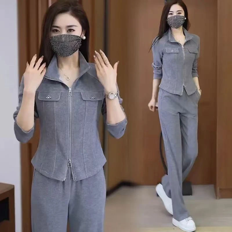 休闲运动服套装女2025春季新款宽松显瘦翻领开衫阔腿裤气质两件套