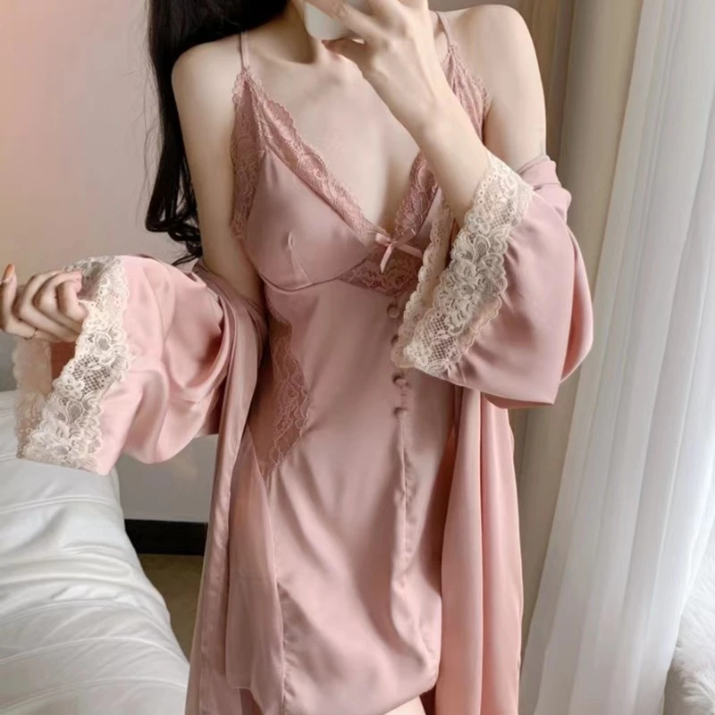 春夏性感女士吊带睡裙睡袍套装纯欲风高级感冰雪丝睡衣猫小姐