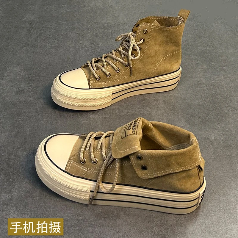 男款高帮板鞋秋季厚底复古百搭帆布鞋男潮小众增高板鞋休闲鞋子男