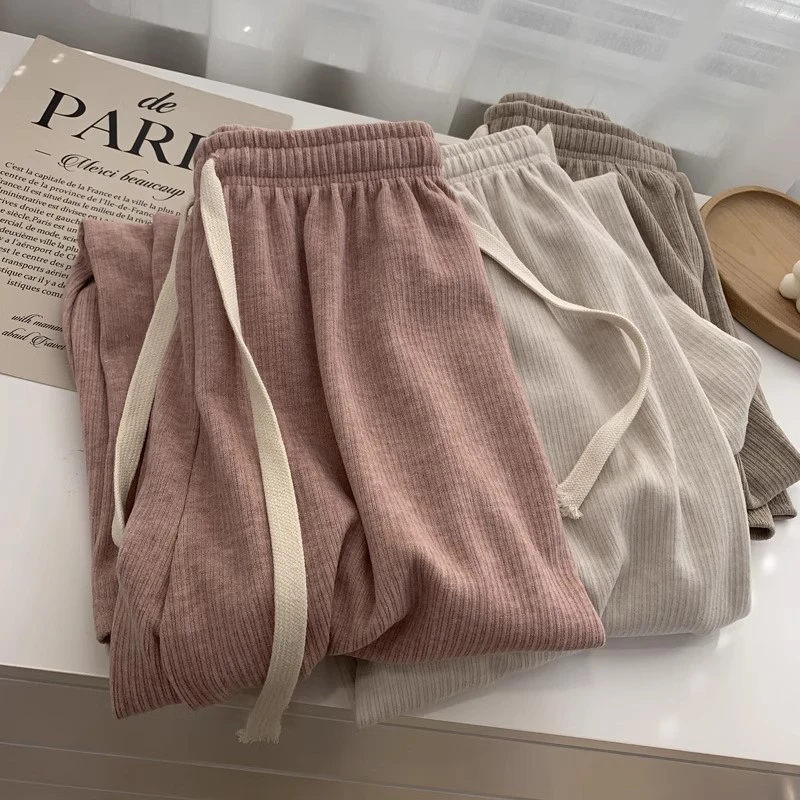 坑条磨毛粉色加绒直筒裤女2023冬季高腰显瘦慵懒百搭垂感阔腿长裤