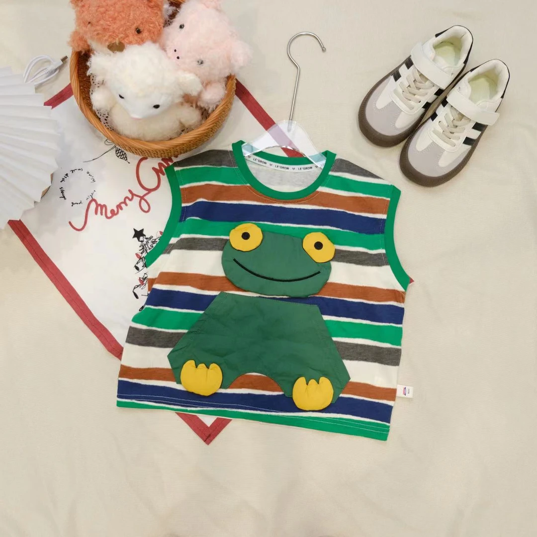 儿童夏季可爱立体小青蛙无袖条纹短袖XQ717