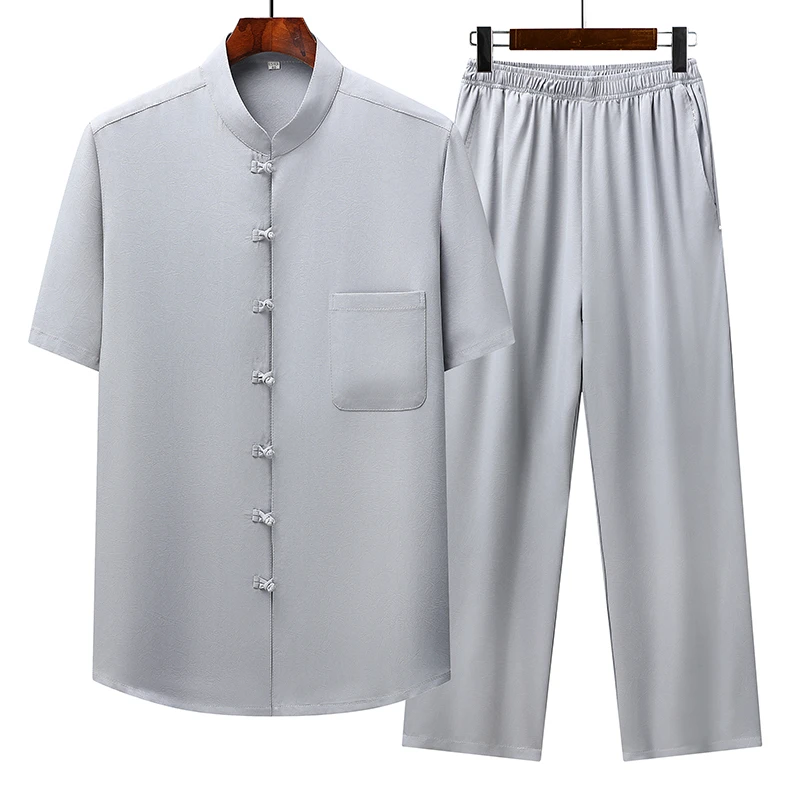 唐装男款高端短袖夏季薄款爸爸装中国风休闲宽松套装老人爷爷衣服