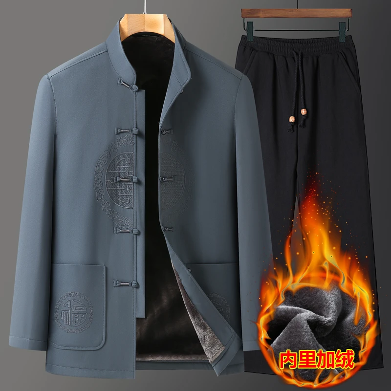 冬季爷爷唐装男中老年人加绒加厚爸爸冬装外套保暖棉衣中国风套装