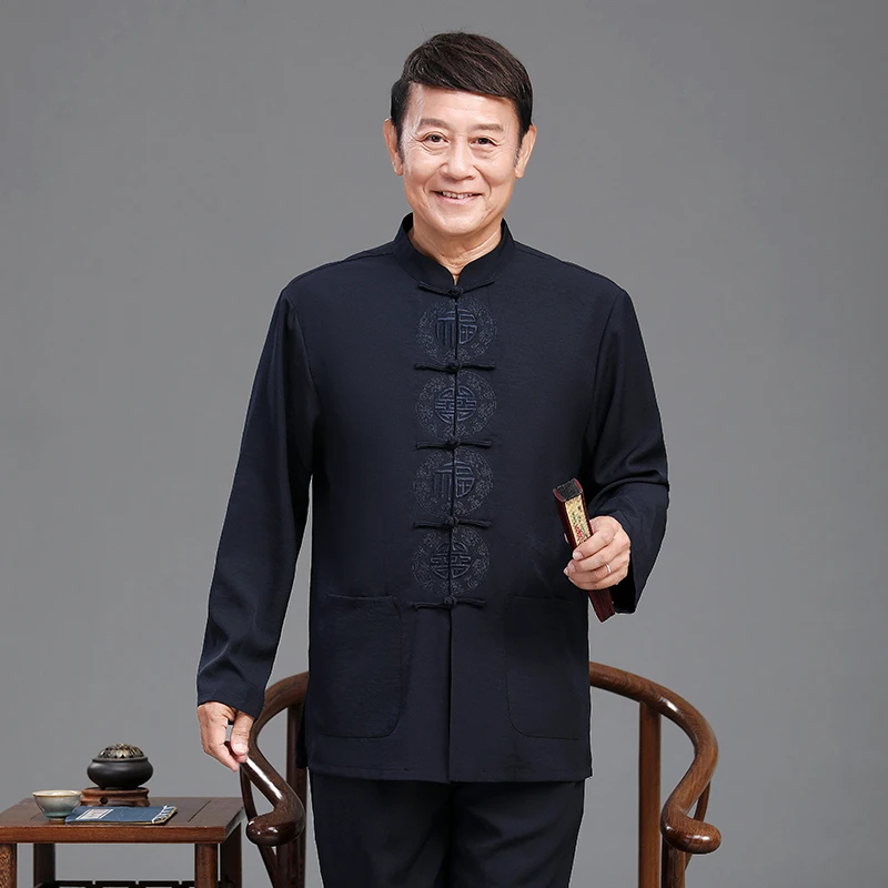 中老年唐装男春秋季长袖薄款老人爷爷婚宴服中国风衣服爸爸装套装