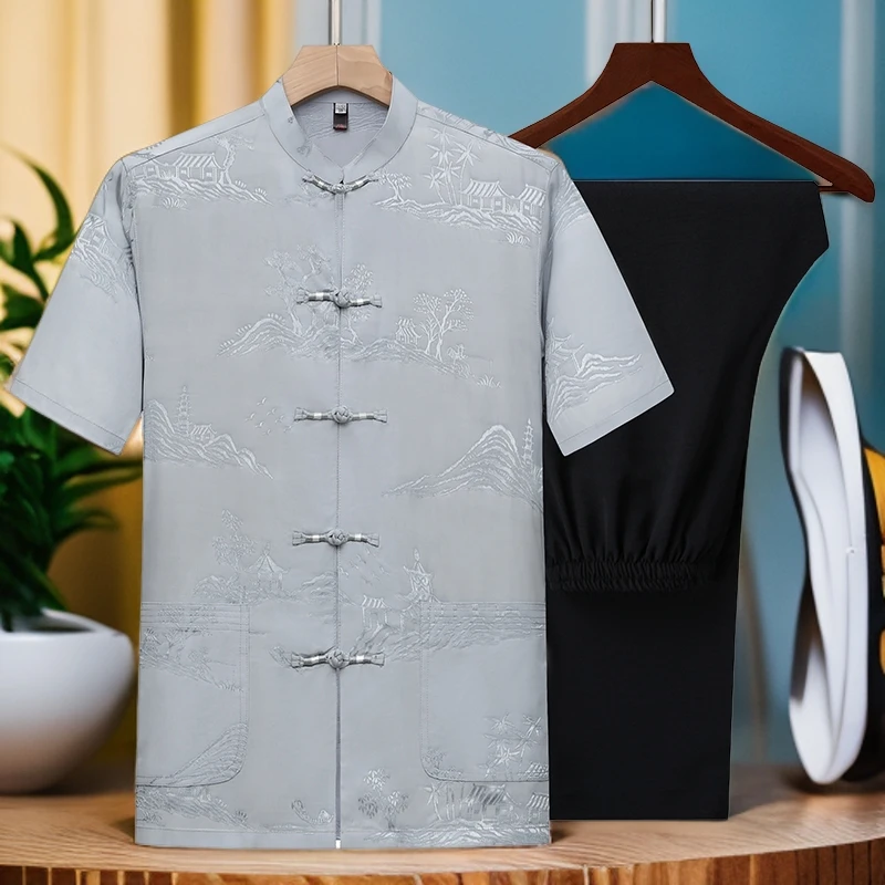 夏季中老年唐装男中国风短袖套装薄款爸爸夏装老年人爷爷中式汉服