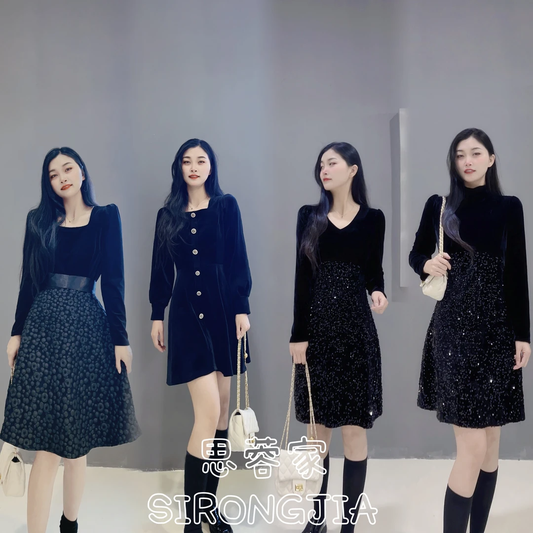 法式赫本风好像修身显瘦黑色丝绒连衣裙高个子小个子中长裙