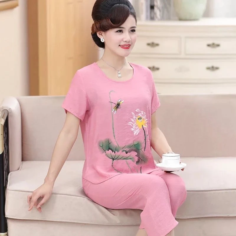 2024夏季女装荷花棉麻套装妈妈衫中老年休闲套装短袖七分裤奶奶装