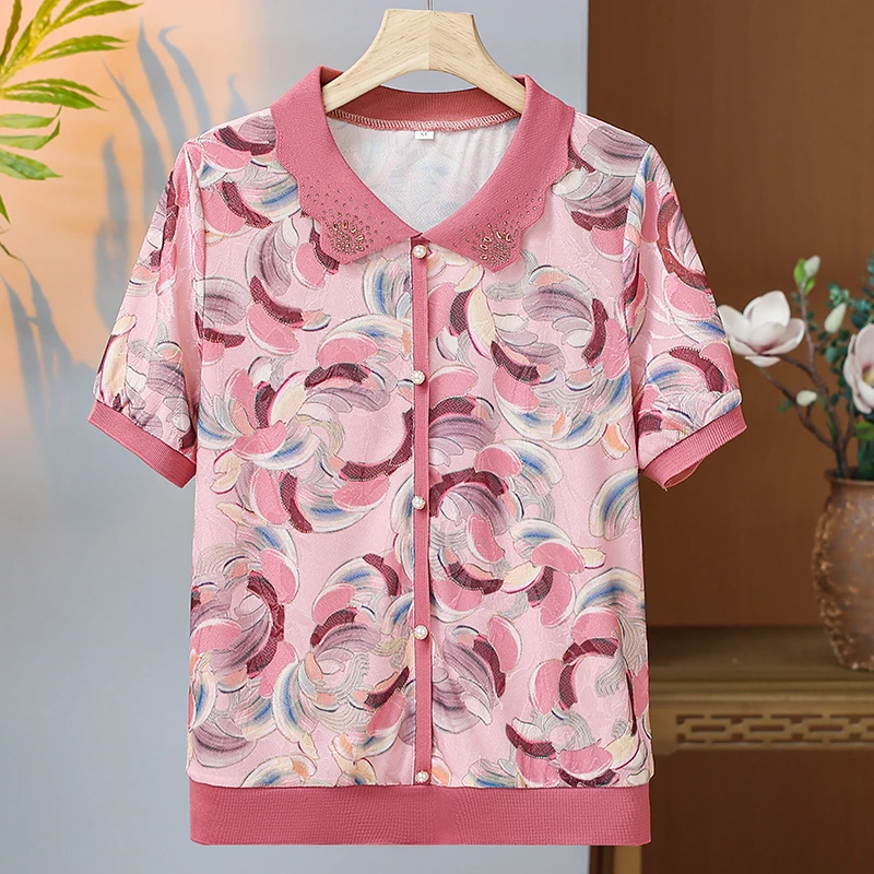 中老年女装夏季薄款短袖T恤时尚妈妈装翻领洋气小衫老年人上衣