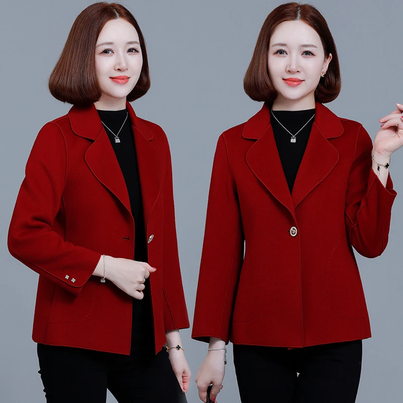 2024秋冬季新款韩版时尚小香风通勤西装领双面呢大衣毛呢外套