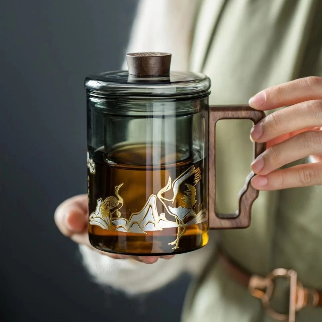 双越茗器400ml茶水分离杯三件杯办公杯个人泡茶杯高硼硅玻璃杯