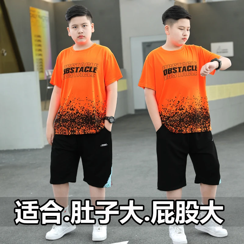胖男童夏季速干衣套装2023新款套装8-16岁加肥加大码胖儿童运动装