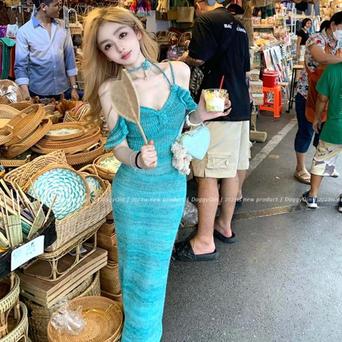【西雅图之夜】夏季辣妹渲彩上衣女马海毛手工玫瑰花朵吊带连衣裙