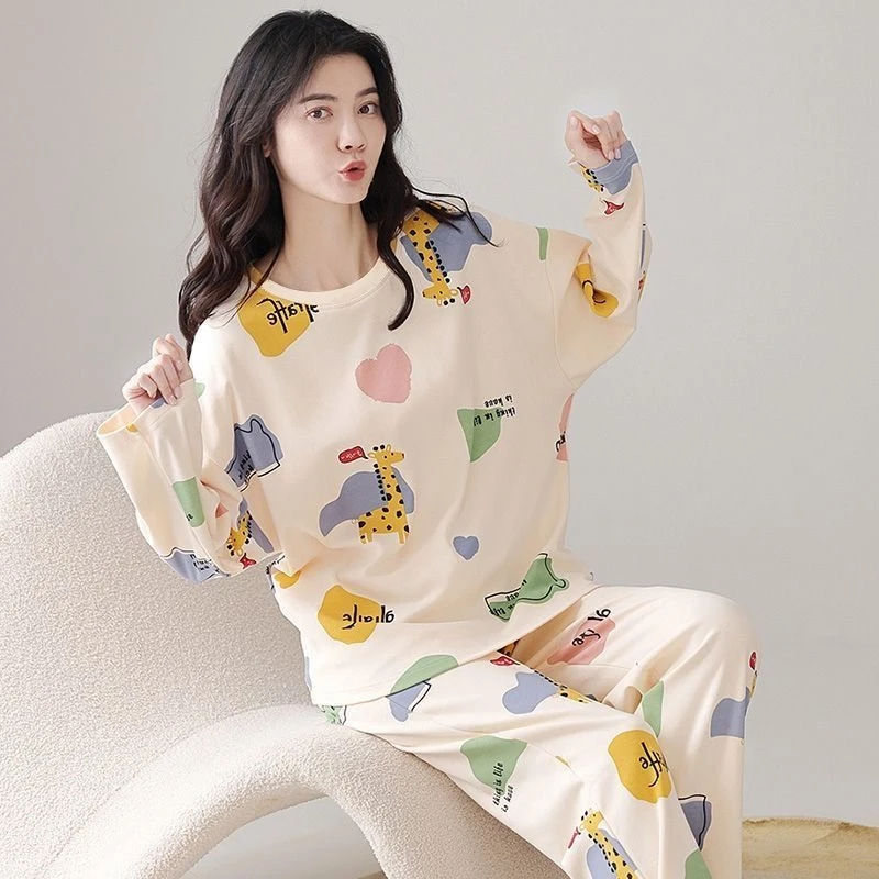 网红长颈鹿睡衣套装女长袖长裤休闲时尚薄款宽松卡通学生家居服潮