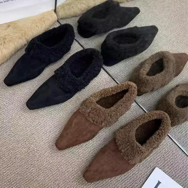毛毛鞋女秋冬外穿一脚蹬平底鞋高级感法式小方头加绒单鞋保暖棉鞋