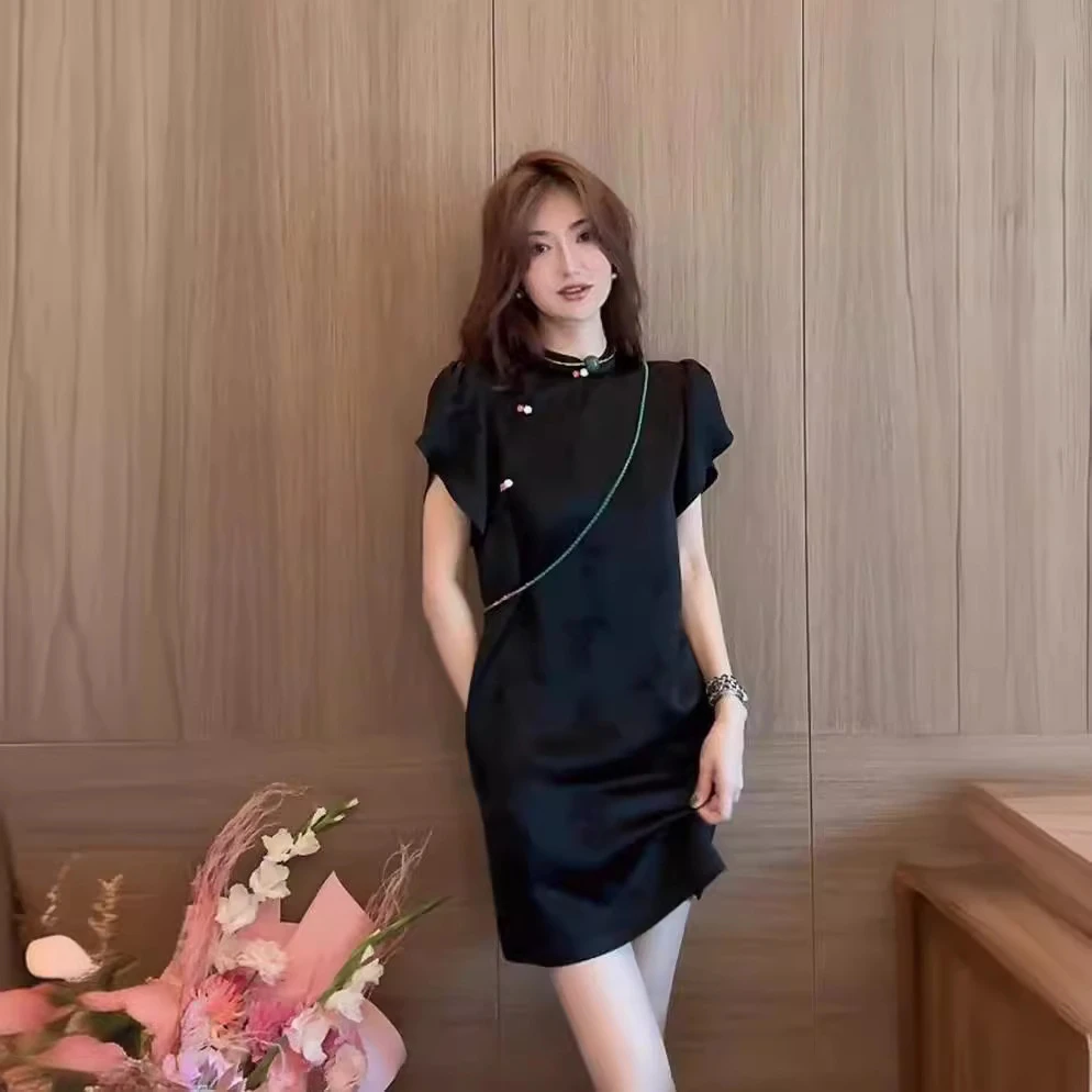 吊带长裙气质显瘦中国风禅意盘扣改良旗袍黑色连衣裙2024夏季新款