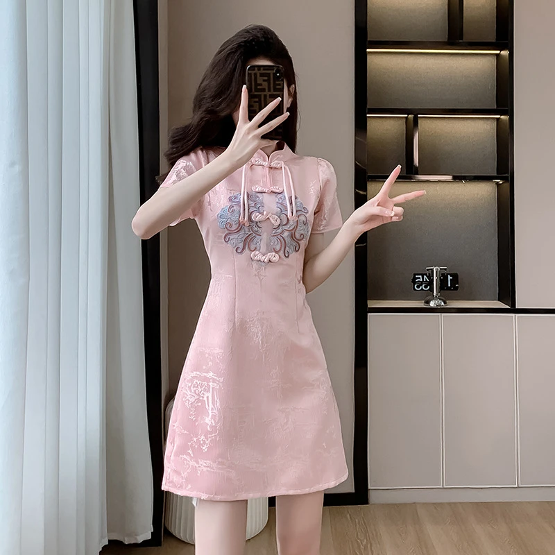 吊带长裙返潮复古新中式绣花盘扣改良旗袍裙夏季新款肌理暗纹短款