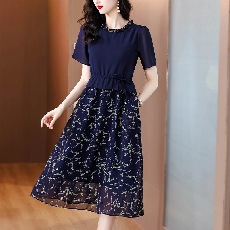 吊带长裙返潮复古法式假两件藏蓝色连衣裙女2024夏季新款时尚气质