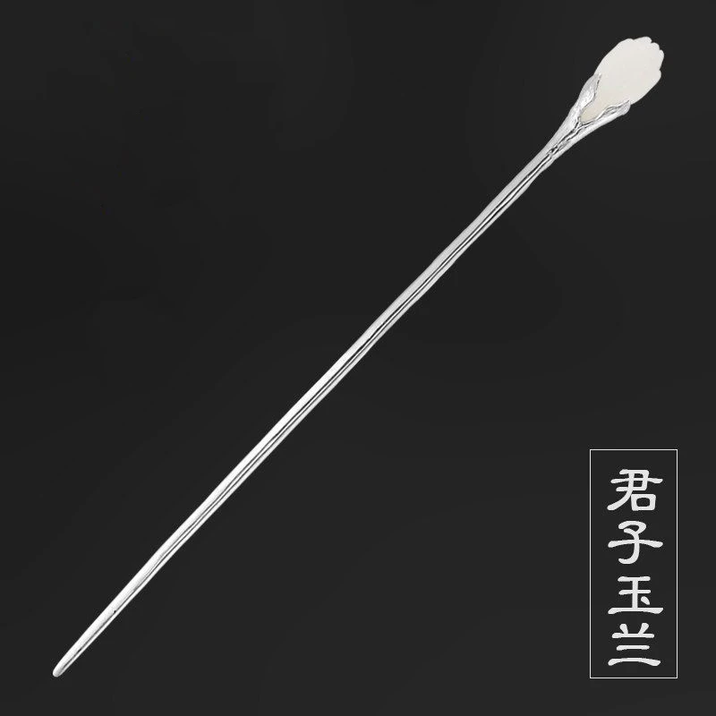 合金发饰 手工金属镶白玉发簪玉兰花古典复古风银簪子盘发头饰品