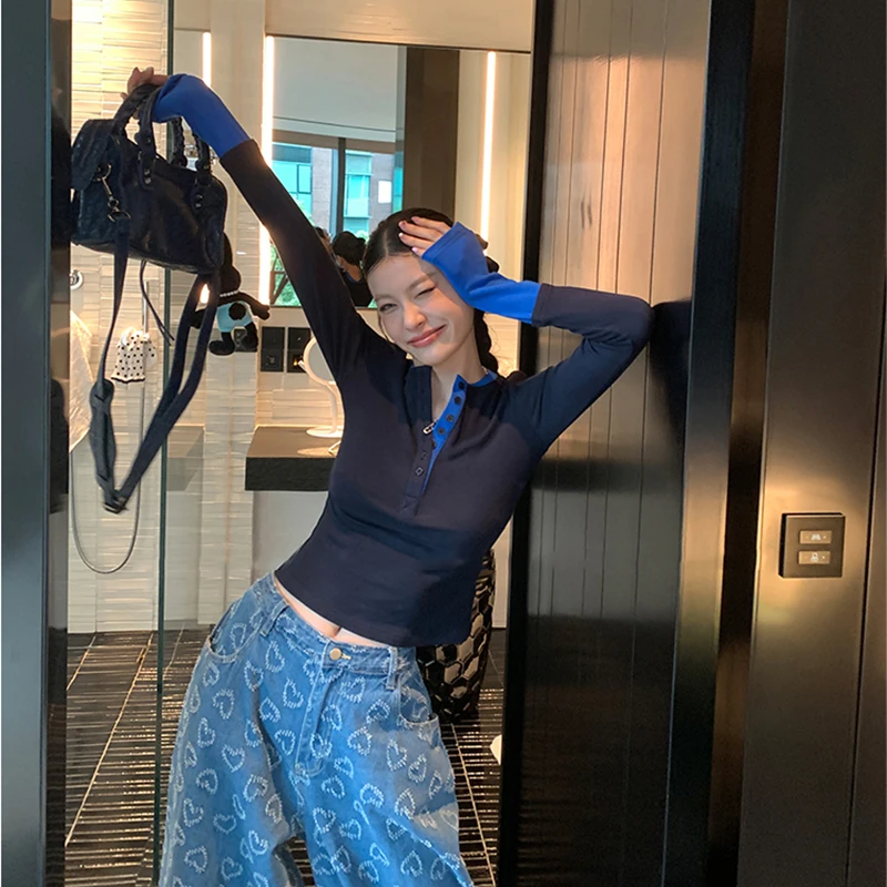 假两件半开领长袖打底衫女早秋小众修身显瘦辣妹气质冬季内搭上衣