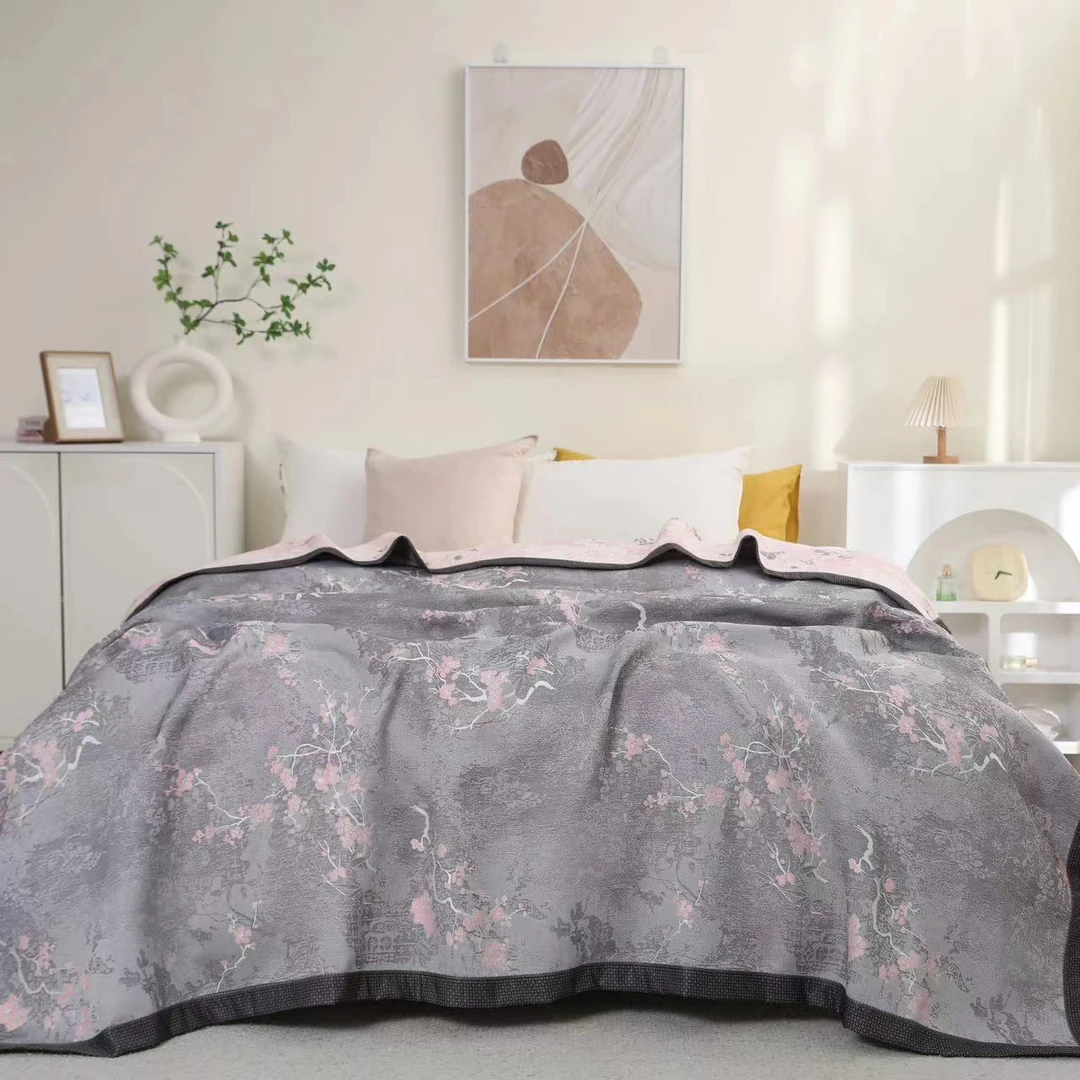 （墨梅粉）230*250高档奢华双人多功能双面提花田园风软席床盖毯