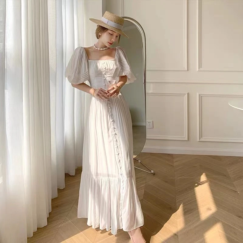 言有有 【在逃公主】白色连衣裙长裙显瘦高级感夏日连衣裙公主袖