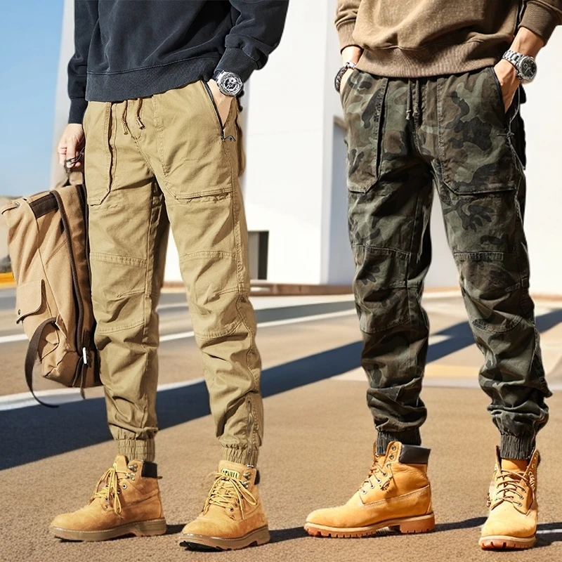 【春季口袋拉链】复古迷彩纯棉休闲裤男宽松弹力男裤登山耐磨工装裤