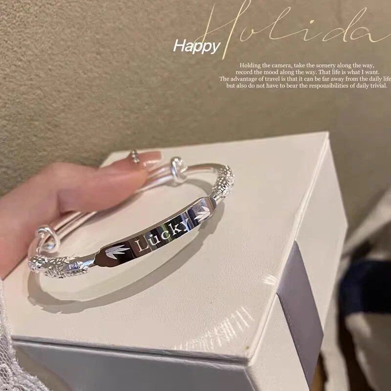 足银手镯 足银999.9推拉简约KT猫手镯繁花平安喜乐时尚ins网红款