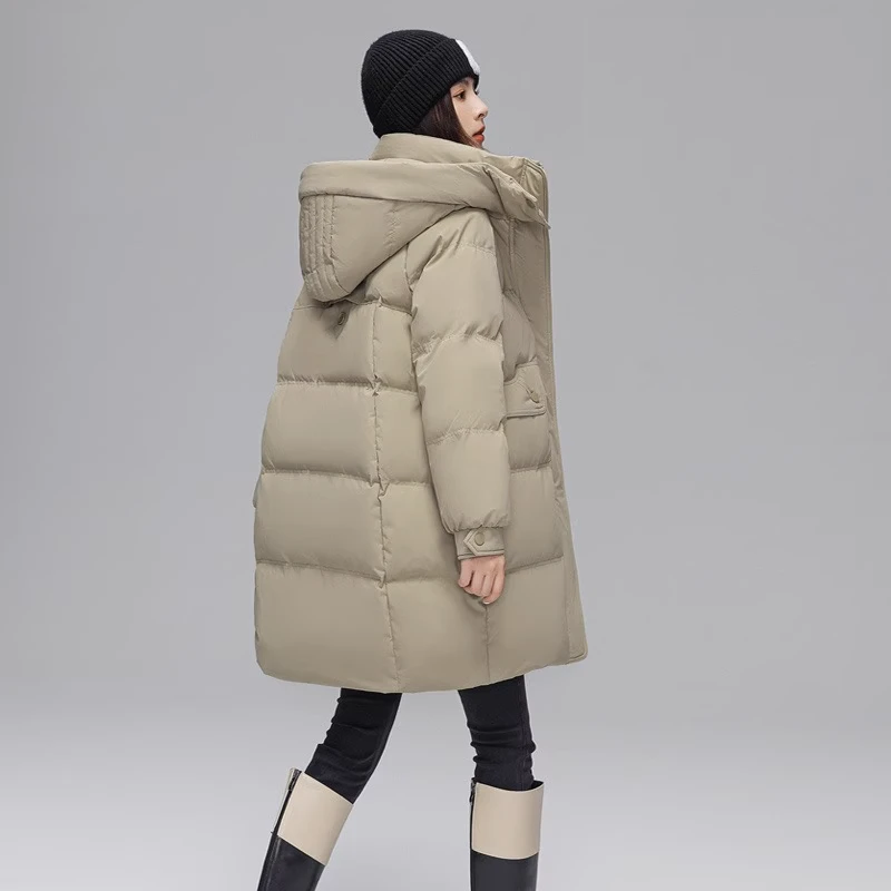 白鸭绒中长款羽绒服女秋冬新款韩版时尚连帽外套宽松休闲1