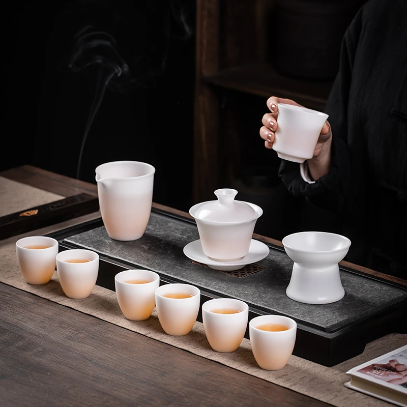 冰种羊脂玉瓷家用茶具套装泡茶盖碗茶杯德化白瓷茶壶整套高档礼盒
