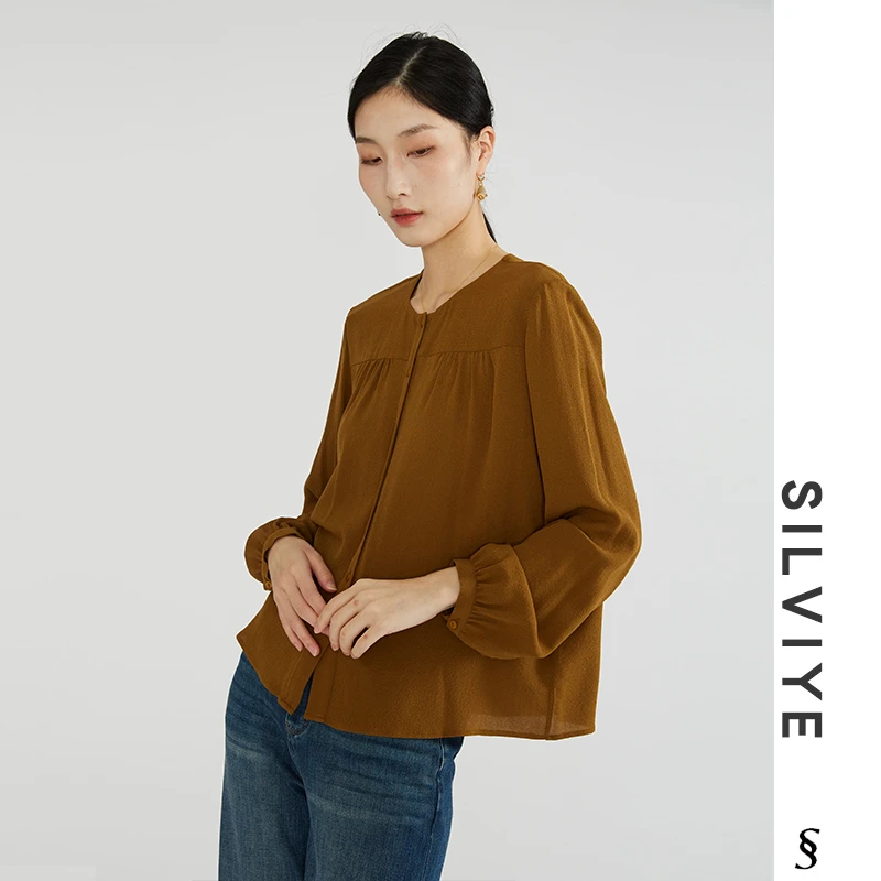 重磅23姆米真丝鬼绉长袖衬衫圆领100桑蚕丝真丝上衣新款CSC051