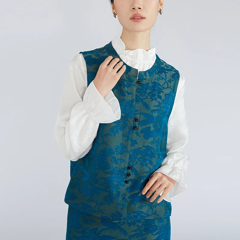双面穿 真丝香云纱提花复古马甲桑蚕丝中式背心国风YSDW001