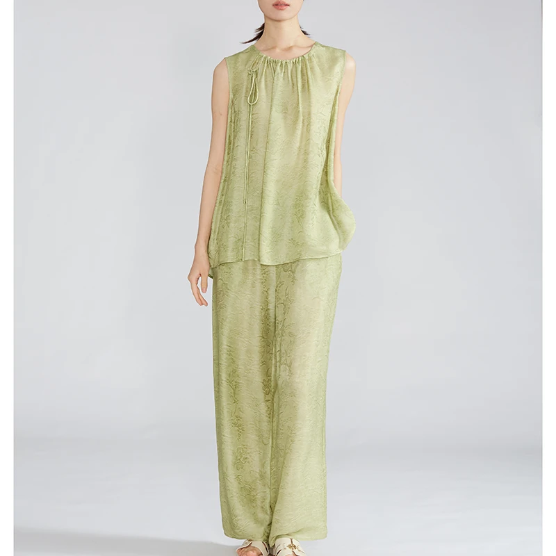 苎麻草色染 真丝抽绳圆领背心女桑蚕丝新中式国风上衣小衫BXD012