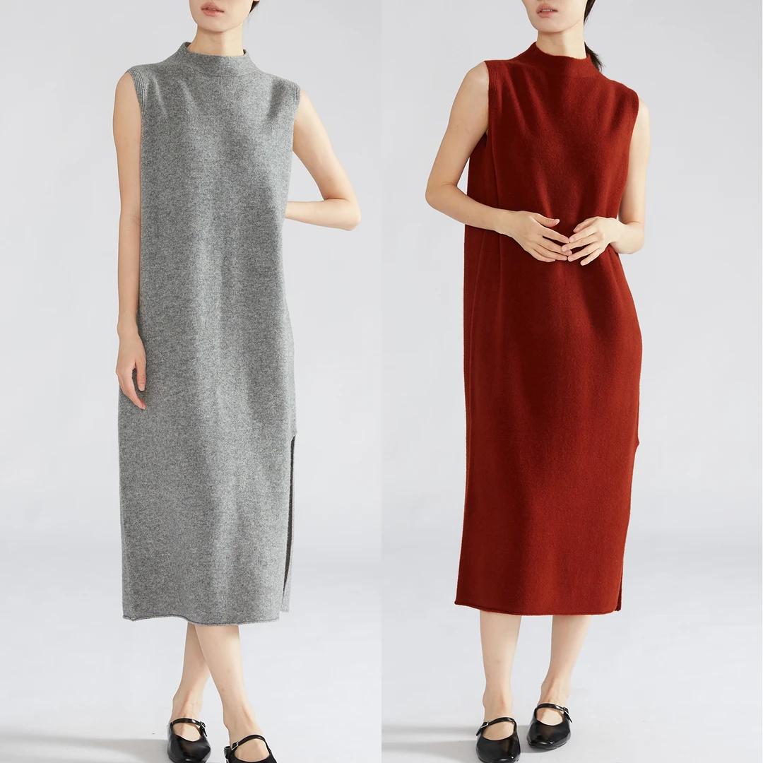 宽松无袖连衣裙无缝一体气质显瘦坑条时尚纯色针织衫LQD066