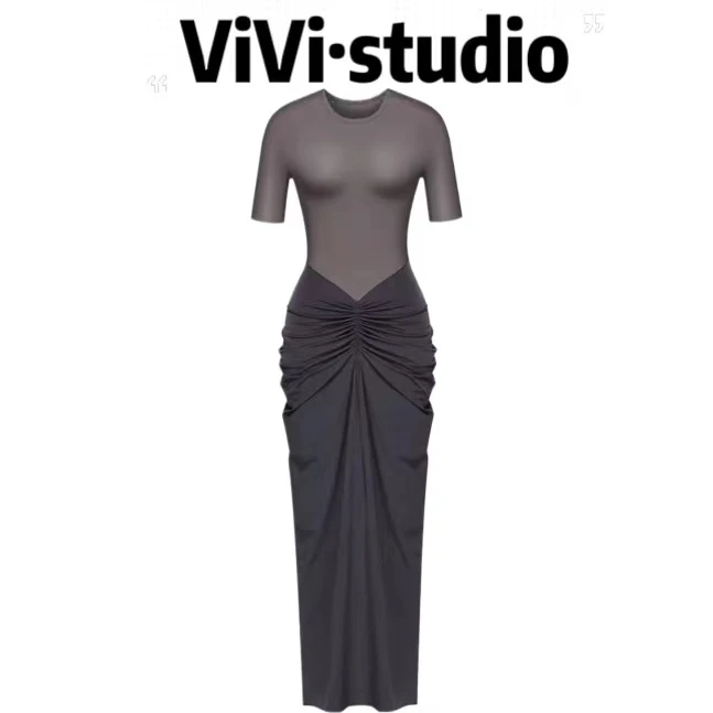 ViVi夏季新款撞色拼接显瘦花苞式连衣裙1289