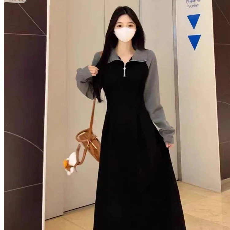 （现货）法式polo领长袖连衣裙秋冬大码胖妹妹显瘦过膝卫衣长裙1601