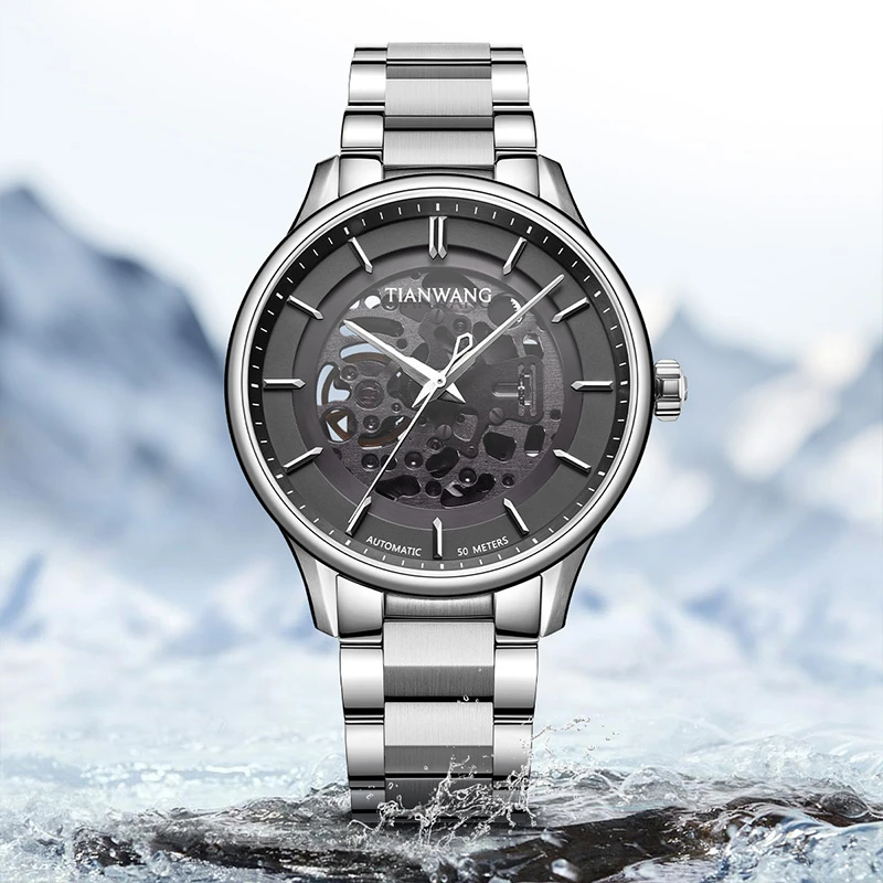 【昆仑·融水】天王男士手表42mm透明盘黑色男表防水高档机械表51517