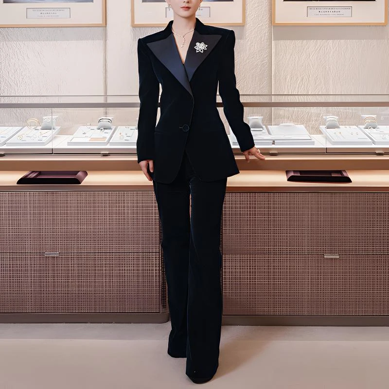 赵丽颖同款丝绒西装套装女春秋拼接缎面职业OL气质主持西服两件套