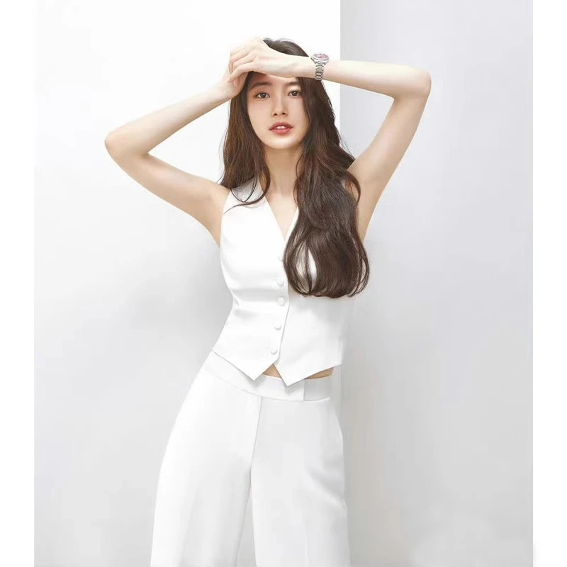 白色职业OL马甲西装套装女夏季2025新款高腰阔腿裤气质显瘦两件套