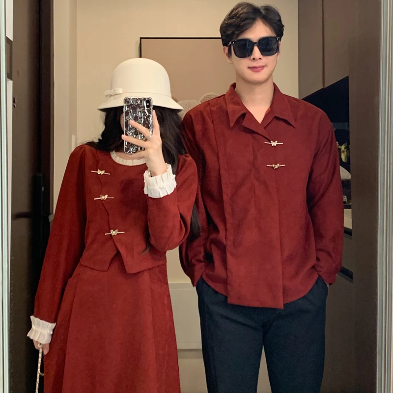情侣装秋冬装红色2024酒红色新中式复古假两件连衣裙女男衬衫