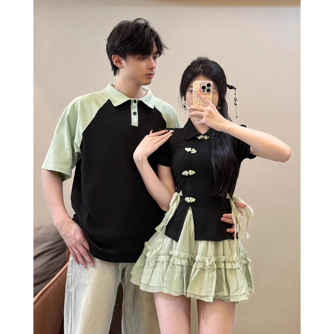 新中式情侣装夏季小众设计感短袖t恤男女两件套法式一裙一衣ins潮