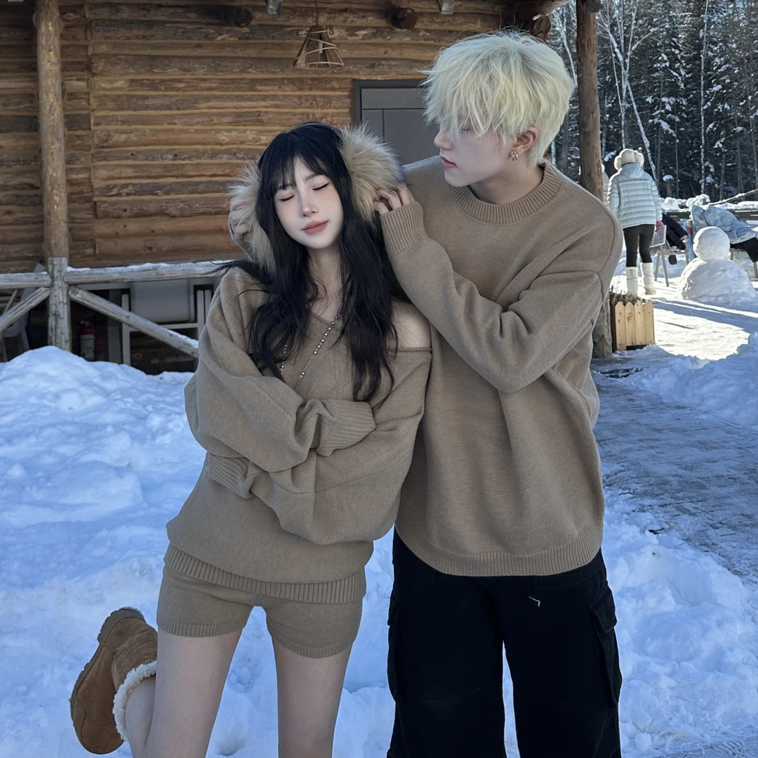 情侣装秋冬新款ins超一字肩毛衣套装宽松篇幅袖上衣两件套针织衫