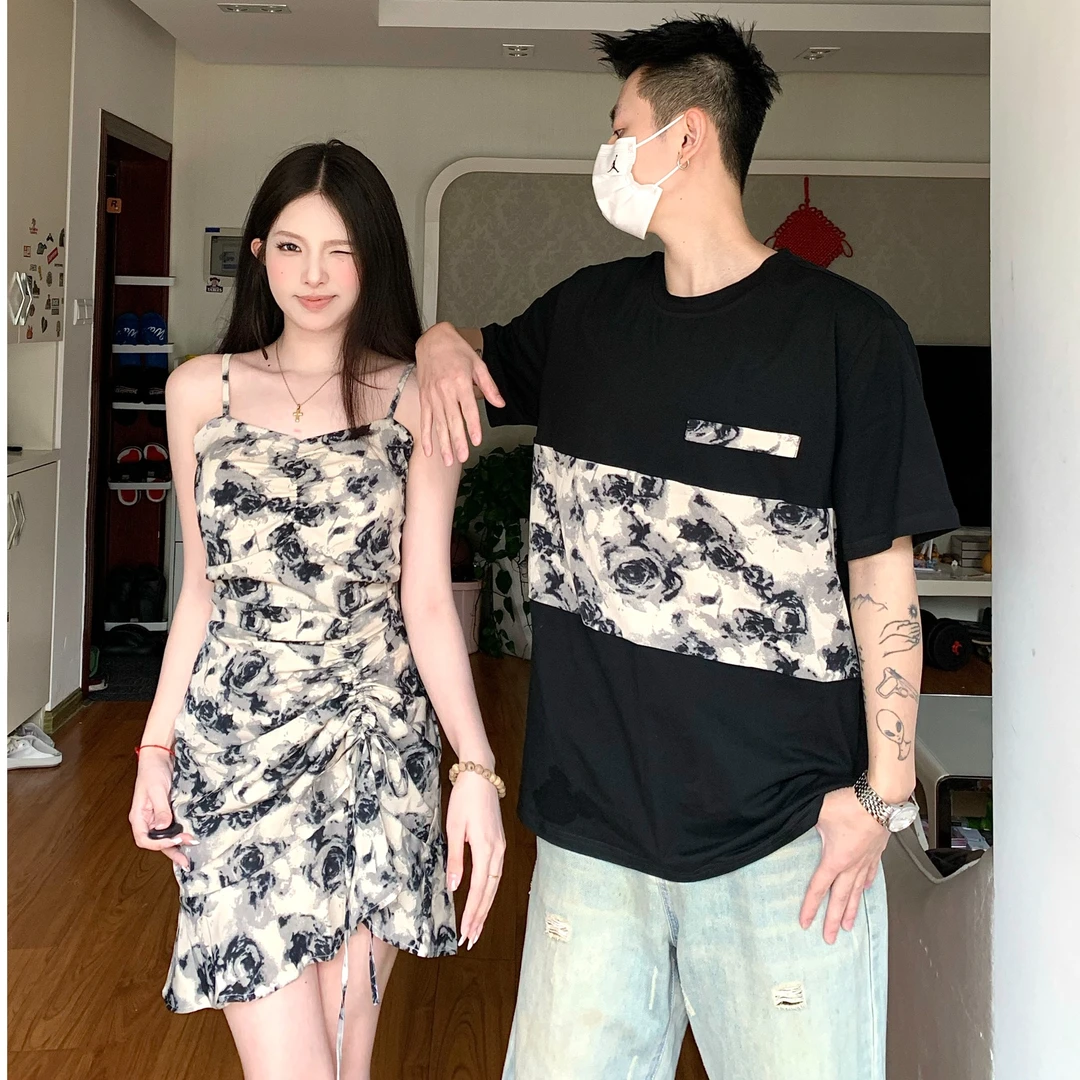 情侣装夏季小众设计感ins潮牌短袖t恤法式碎花吊带连衣裙一裙一衣