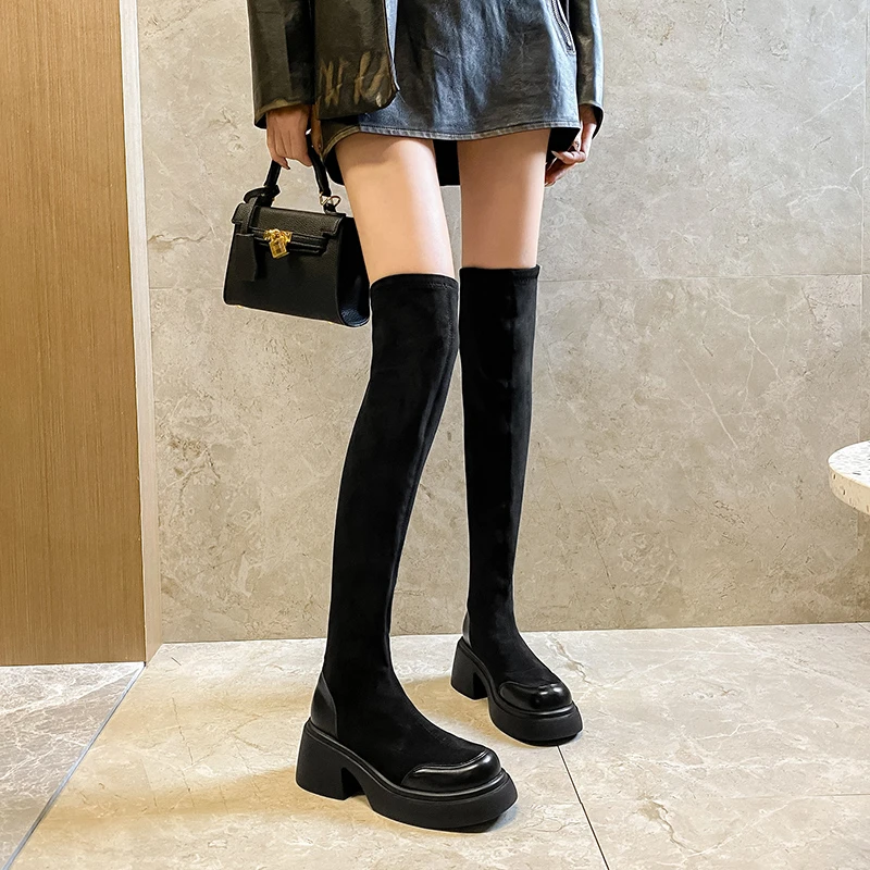 过膝弹力靴女增高瘦瘦靴春秋显瘦厚底粗跟小个子长筒靴